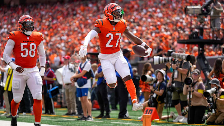 Cincinnati Bengals safety Jordan Battle (27) celebrates an interception in the second quarter of the NFL Week 2 game between the Cincinnati Bengals and the Jacksonville Jaguars at Paycor Stadium in downtown Cincinnati on Sunday, Sept. 14, 2025. The Jaguars led 17-10 at halftime. Cincinnati Bengals safety Jordan Battle (27) celebrates an interception in the second quarter of the NFL Week 2 game between the Cincinnati Bengals and the Jacksonville Jaguars at Paycor Stadium in downtown Cincinnati on Sunday, Sept. 14, 2025. The Jaguars led 17-10 at halftime.