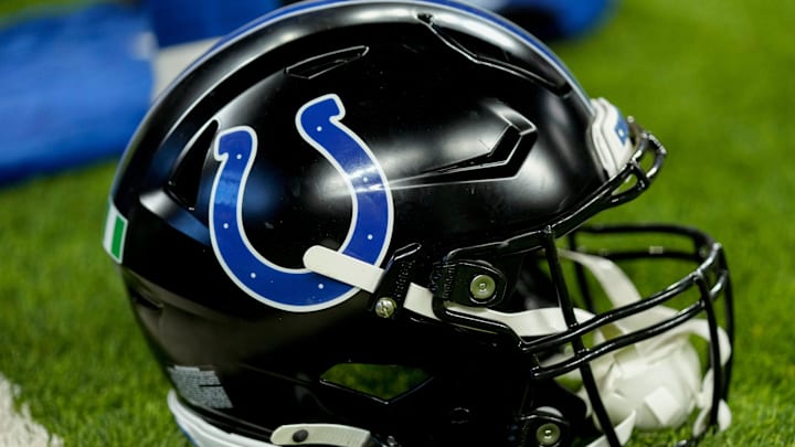 A black Indianapolis Colts helmet sits on the turf Sunday, Nov. 24, 2024, during a game against the Detroit Lions at Lucas Oil Stadium in Indianapolis. A black Indianapolis Colts helmet sits on the turf Sunday, Nov. 24, 2024, during a game against the Detroit Lions at Lucas Oil Stadium in Indianapolis.