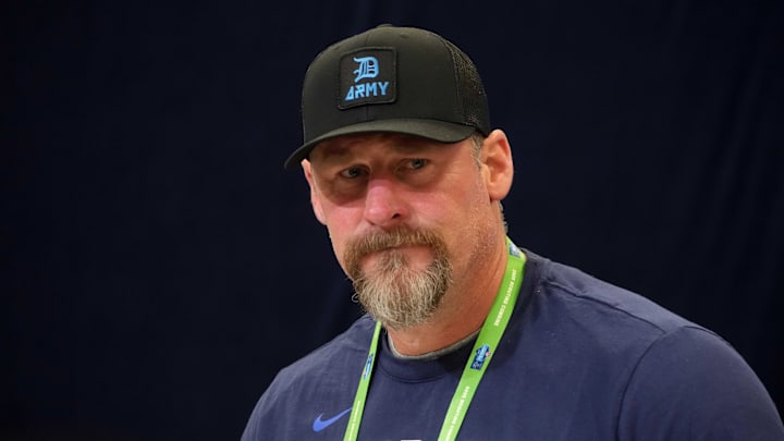 Feb 25, 2025; Indianapolis, IN, USA; Detroit Lions coach Dan Campbell speaks during the NFL Scouting Combine at the Indiana Convention Center. Mandatory Credit: Kirby Lee-Imagn Images