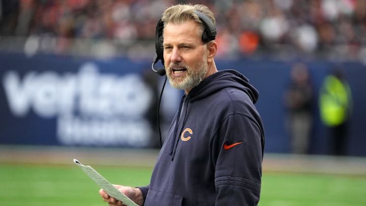 Oct 13, 2024; London, United Kingdom; Chicago Bears coach Matt Eberflus watches from the sidelines against the Jacksonville Jaguars in the second half during an NFL International Series game at Tottenham Hotspur Stadium. Mandatory Credit: Kirby Lee-Imagn Images