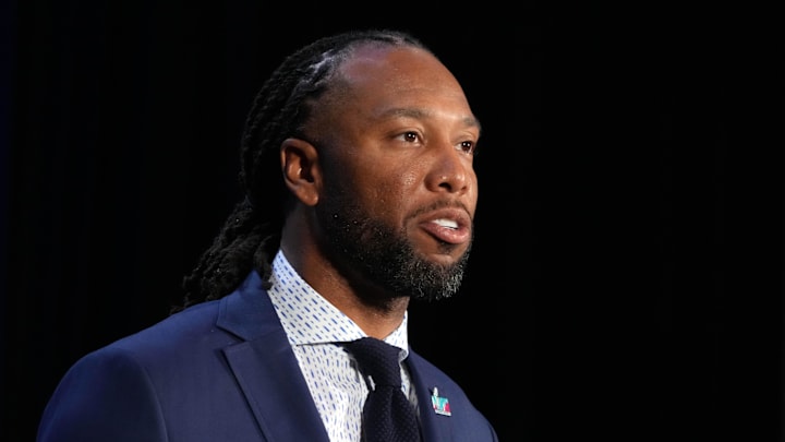 Feb 13, 2023; Phoenix, AZ, USA; Larry Fitzgerald at the Super Bowl Host Committee Handoff press conference at the Phoenix Convention Center. Mandatory Credit: Kirby Lee-Imagn Images
