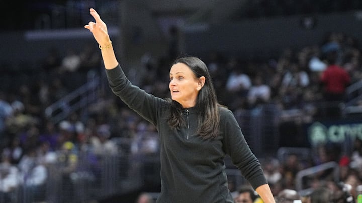 Aug 15, 2024; Los Angeles, California, USA; New York Liberty coach Sandy Brondello reacts during the game against the LA Sparks at Crypto.com Arena. Mandatory Credit: Kirby Lee-Imagn Images