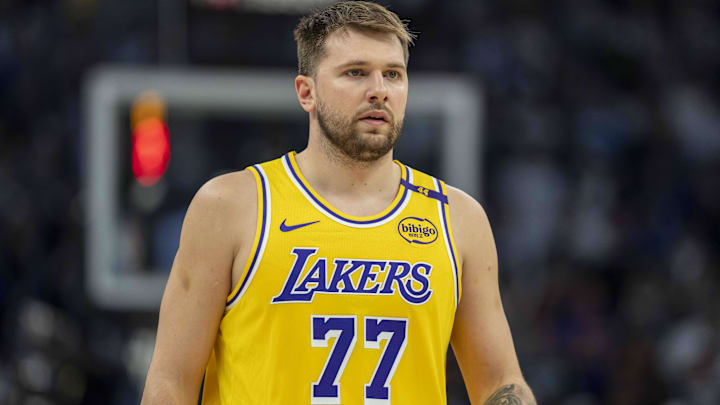 Los Angeles Lakers guard Luka Doncic (77) looks on against the Minnesota Timberwolves in the first half during game three of first round for the 2024 NBA Playoffs at Target Center.