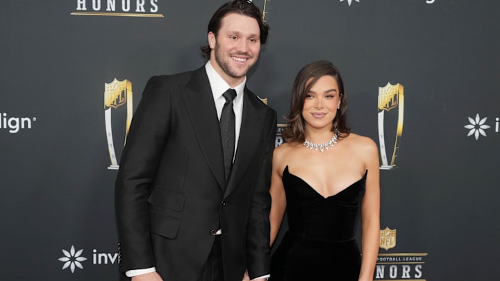 Josh Allen and Hailee Steinfeld on the red carpet before Super Bowl LIX NFL Honors at Saenger Theatre.