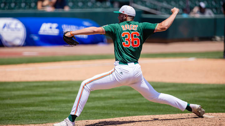 Miami (Fl) Hurricanes pitcher Nick Robert (36) comes in as relief in the seventh inning against the Clemson Tigers during the ACC Baseball Tournament at Truist Field. 