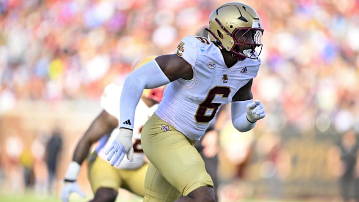 Boston College Eagles defensive end Donovan Ezeiruaku (6), a graduate of South Jersey's Williamstown High, is expected to be a late first round selection when the 2025 NFL Draft gets underway on Thursday night.