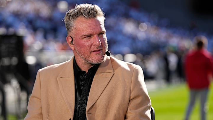 Pat McAfee sits on the ESPN College GameDay set prior to the 2024 game between the Penn State Nittany Lions and the Ohio State Buckeyes at Beaver Stadium.