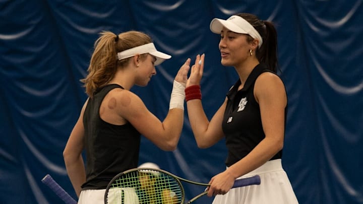Boston College women's tennis players Alex Torre and Seren Agar
