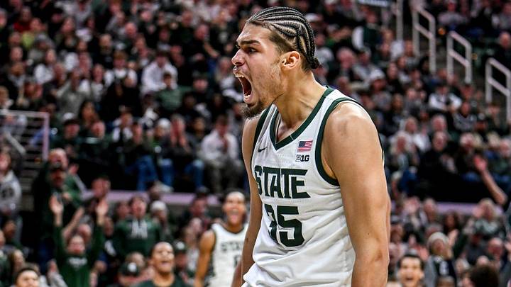 Michigan State's Jesse McCulloch celebrates after his dunk against Cornell during the second half on Monday, Dec. 29, 2025, at the Breslin Center in East Lansing. Michigan State's Jesse McCulloch celebrates after his dunk against Cornell during the second half on Monday, Dec. 29, 2025, at the Breslin Center in East Lansing.