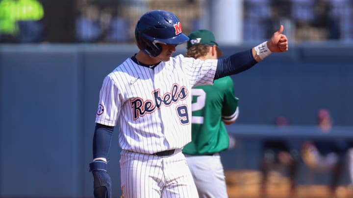 Ole Miss infielder Hayden Federico stands on base during the Rebels' 7-3 win over Wright State on March 2, 2025.