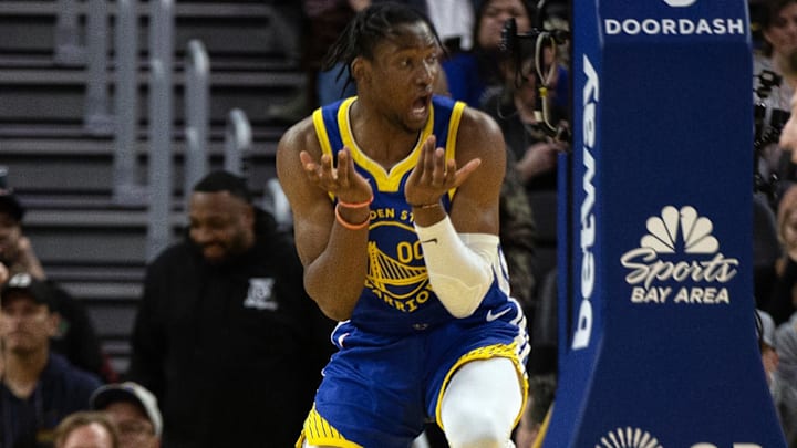Feb 28, 2023; San Francisco, California, USA; Golden State Warriors forward Jonathan Kuminga (00) reacts as he is called for a foul during the fourth quarter against the Portland Trail Blazers at Chase Center. Mandatory Credit: D. Ross Cameron-Imagn Images