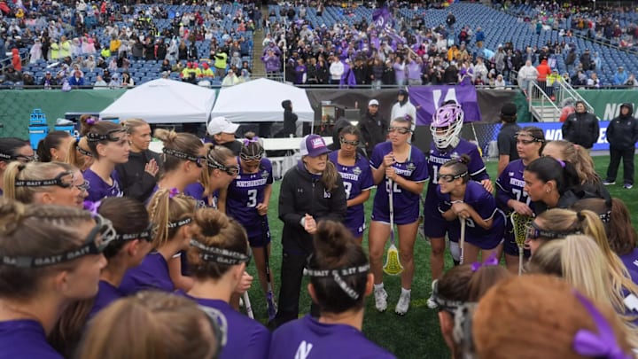 Northwestern head coach Kelly Amonte Hiller speaking to her team in the NCAA Women's Lacrosse Final Four on May 23, 2025.