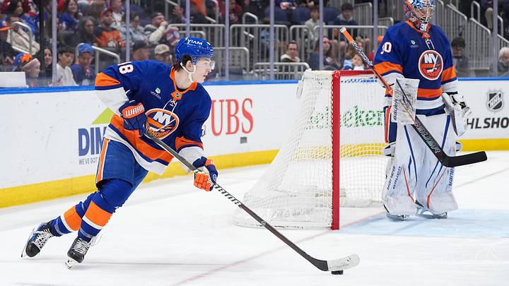 Apr 12, 2026; Elmont, New York, USA; New York Islanders defenseman Matthew Schaefer (48) carries the puck against the Montreal Canadiens in the third period at UBS Arena. Mandatory Credit: Alexander Wohl-Imagn Images