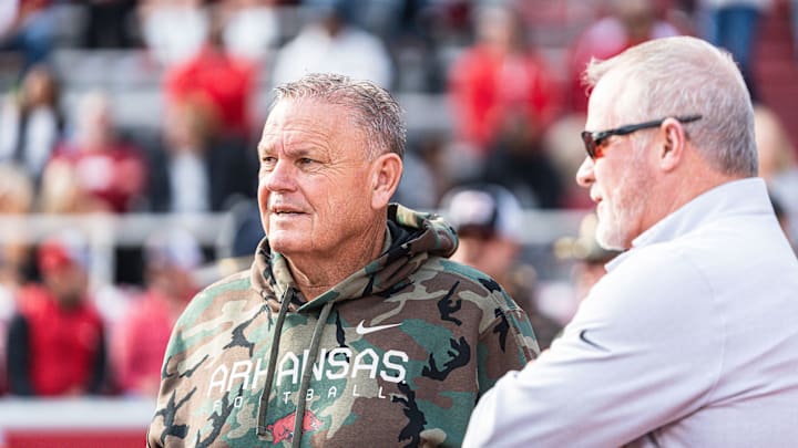 Arkansas coach Sam Pittman with athletic director Hunter Yurachek before the game against Louisiana Tech 
