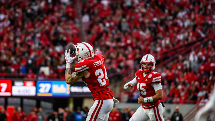 Nebraska tight end Thomas Fidone II (24) catches a pass from Dylan Raiola (15) against UCLA. Nebraska tight end Thomas Fidone II (24) catches a pass from Dylan Raiola (15) against UCLA.