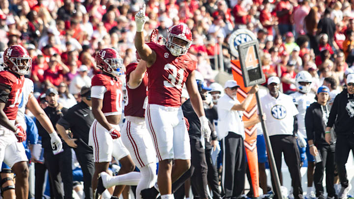 Alabama Defender Keon Keeley celebrates a big play in the first half of the game against Eastern Illinois on November 22, 2025.