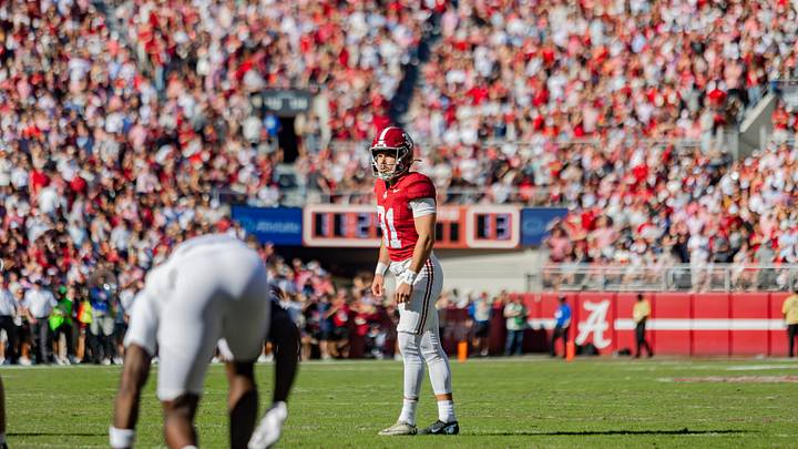 Alabama kicker Conor Talty lines up for the extra point attempt in the first half of the game against Texas A&M on Oct. 24, 2026.