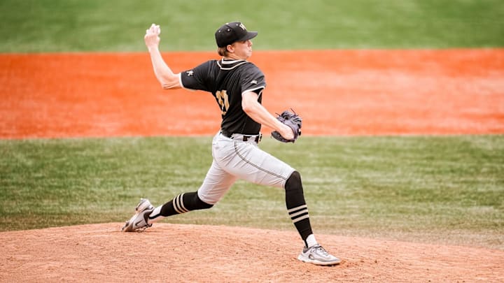 Matthew Dallas (10) delivers a pitch against the Indiana State Sycamores, Feb. 15, 2026. Matthew Dallas (10) delivers a pitch against the Indiana State Sycamores, Feb. 15, 2026.