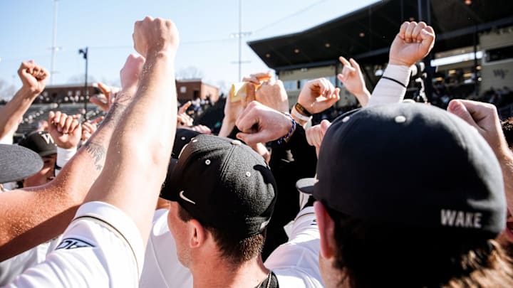 Wake Forest Baseball team huddle, February 28, 2026.