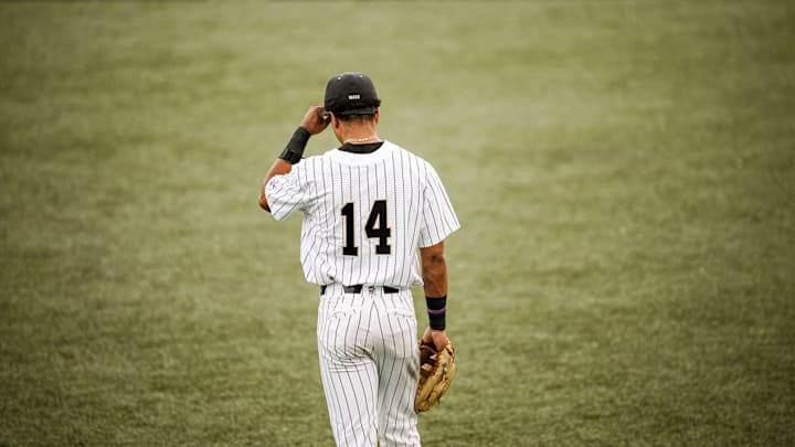 Wake Forest's Javar Williams takes his spot in the outfield against the California Golden Bears.