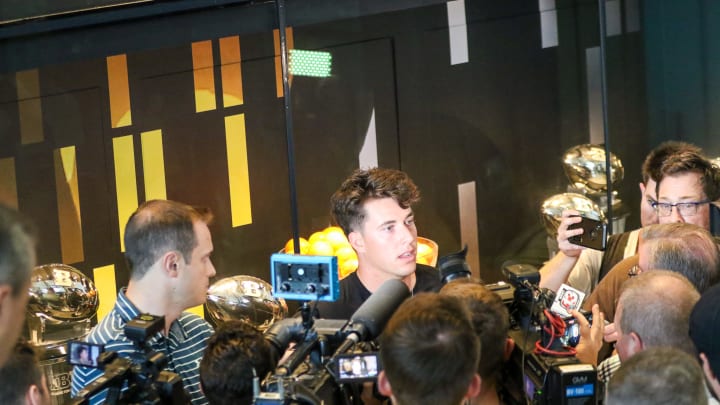 Iowa QB Cade McNamara speaks with the media on July 16, 2024 at the team's practice facility in Iowa City, Iowa. (Photo: Rob Howe) 