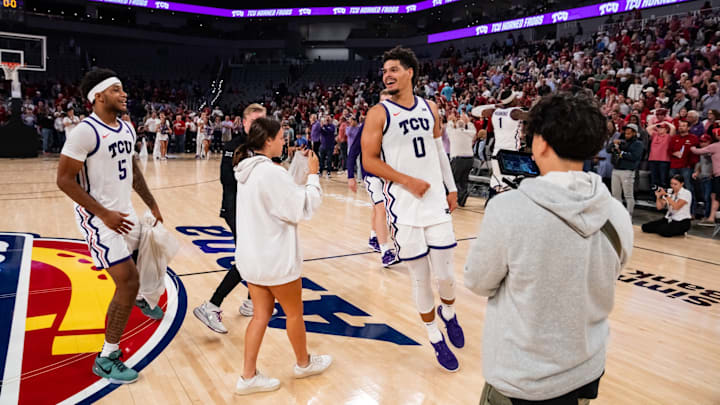 Micah Robinson (left) and Brendan Wenzel (right) celebrate a TCU scrimmage win over Arkansas on Friday, November 1, 2024 at Dickies Arena. Micah Robinson (left) and Brendan Wenzel (right) celebrate a TCU scrimmage win over Arkansas on Friday, November 1, 2024 at Dickies Arena.