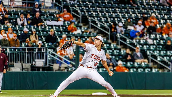 Texas sophomore pitcher Dylan Volantis throws a pitch against the Mississippi State Bulldogs on May 1, 2026, at UFCU Disch-Falk Field in Austin, Texas. Volantis tied his career high of 12 strikeouts in his third Friday start of the season. 