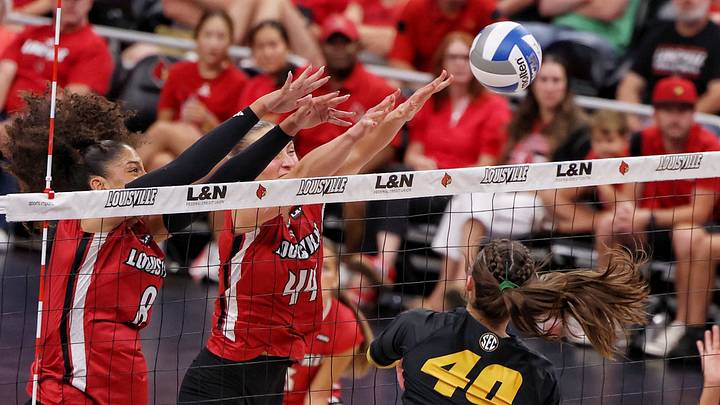 Nayelis Cabello and Brooke Bultema contest a Missouri attack at the net on September 9,2026 at the KFC Yum! Center. Nayelis Cabello and Brooke Bultema contest a Missouri attack at the net on September 9,2026 at the KFC Yum! Center.