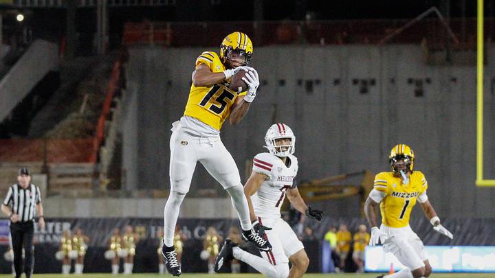 Sept 27, 2025; Columbia, Missouri, USA; Missouri safety Santana Banner catches an interception in the second half of the game. Sept 27, 2025; Columbia, Missouri, USA; Missouri safety Santana Banner catches an interception in the second half of the game.