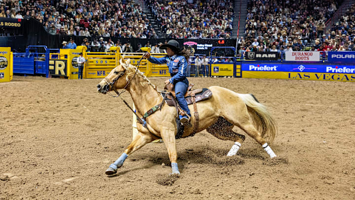 Hailey Kinsel and DM Sissy Haydat competing at the 2023 Wrangler National Finals. Hailey Kinsel and DM Sissy Haydat competing at the 2023 Wrangler National Finals.