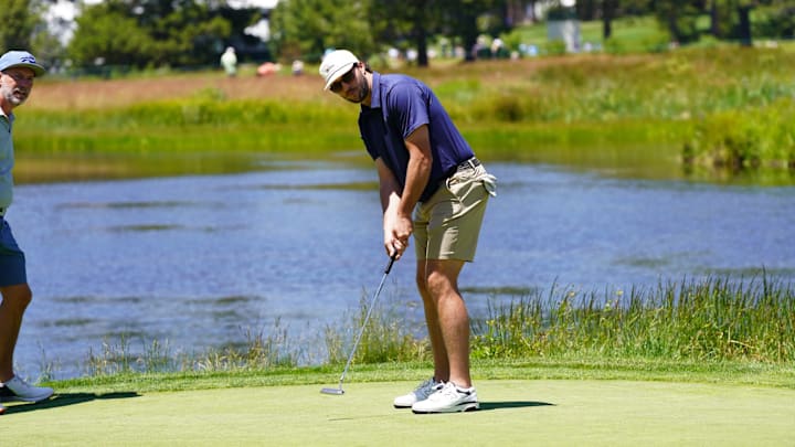 Josh Allen hits a putt at the American Century Championship in Lake Tahoe.