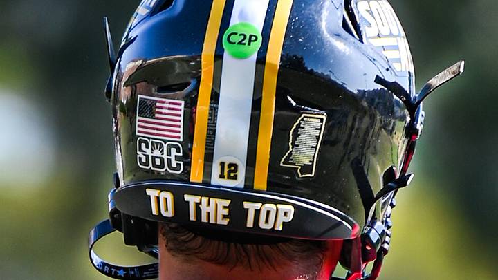 The back of a Southern Miss quarterback John White's helmet at fall camp practice in Hattiesburg on Friday, Aug. 7, 2026 The back of a Southern Miss quarterback John White's helmet at fall camp practice in Hattiesburg on Friday, Aug. 7, 2026