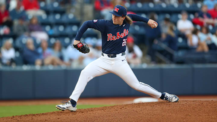 Ole Miss LHP Hunter Elliott throws a pitch against Wright State on Feb. 28, 2025 at Swayze Field in Oxford, Miss.