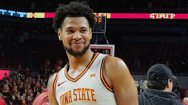 Iowa State Cyclones forward Joshua Jefferson (5) celebrates after win 87-57 over UCF in the Big-12 conference men’s basketball on Jan. 20, 2026, at Hilton Coliseum in Ames, Iowa.