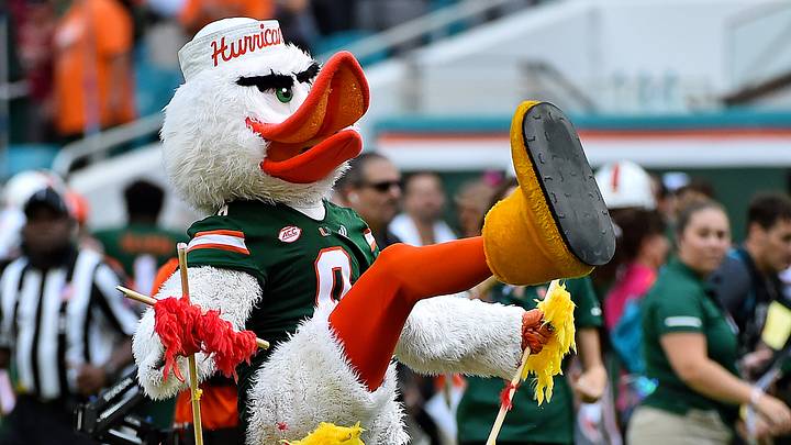 Oct 6, 2018; Miami Gardens, FL, USA; Miami Hurricanes mascot Sebastian breaks an imitation Florida State Seminoles spear prior to the game at Hard Rock Stadium. Mandatory Credit: Jasen Vinlove-USA TODAY Sports