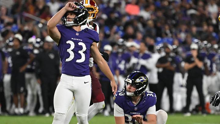 Aug 28, 2026; Baltimore, Maryland, USA;  Baltimore Ravens place kicker Tyler Loop (33) reacts after making a field goal during the second half against the Washington Commanders at M&T Bank Stadium. Mandatory Credit: Tommy Gilligan-Imagn Images