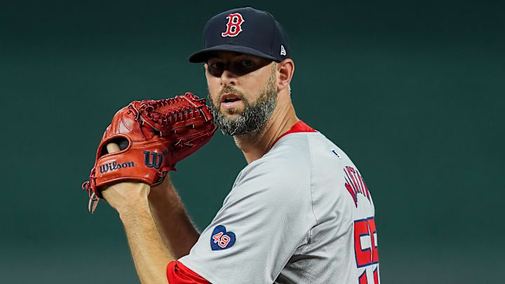 Aug 7, 2024; Kansas City, Missouri, USA; Boston Red Sox relief pitcher Chris Martin (55) warms up during the eighth inning against the Kansas City Royals at Kauffman Stadium