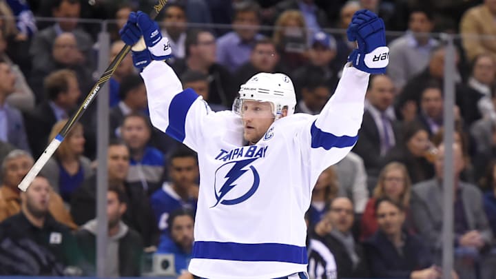 Oct 25, 2016; Toronto, Ontario, CAN;  Tampa Bay Lightning forward Steve Stamkos (91) celebrates