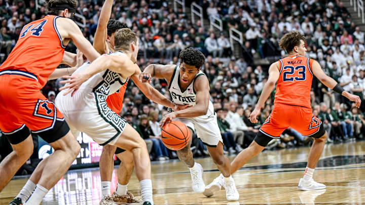 Michigan State's Jeremy Fears Jr. moves the ball against Illinois during the first half on Saturday, Feb. 7, 2026, at the Breslin Center in East Lansing.