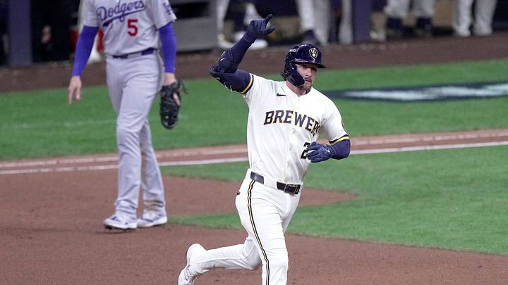 Oct 11, 2026; Milwaukee, Wisconsin, USA; Milwaukee Brewers second baseman Brice Turang (2) celebrates a solo home during the fourth inning of their National League Championship Series game against the Los Angeles Dodgers at American Family Field on Oct 11, 2026. Mandatory Credit: Mark Hoffman-USA TODAY Network via Imagn Images Oct 11, 2026; Milwaukee, Wisconsin, USA; Milwaukee Brewers second baseman Brice Turang (2) celebrates a solo home during the fourth inning of their National League Championship Series game against the Los Angeles Dodgers at American Family Field on Oct 11, 2026. Mandatory Credit: Mark Hoffman-USA TODAY Network via Imagn Images