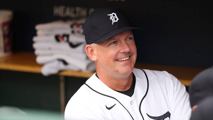 Manager AJ Hinch in the dugout before the Detroit Tigers played on Opening Day