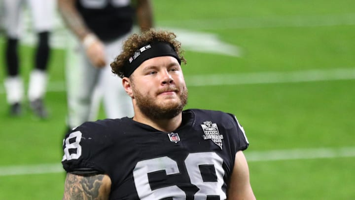 Dec 26, 2020; Paradise, Nevada, USA; Las Vegas Raiders offensive tackle Andre James (68) against the Miami Dolphins at Allegiant Stadium. Mandatory Credit: Mark J. Rebilas-Imagn Images Dec 26, 2020; Paradise, Nevada, USA; Las Vegas Raiders offensive tackle Andre James (68) against the Miami Dolphins at Allegiant Stadium. Mandatory Credit: Mark J. Rebilas-Imagn Images