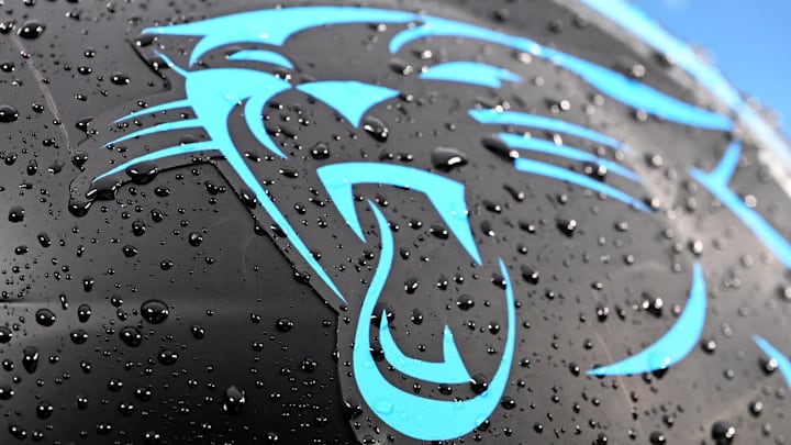 Dec 17, 2023; Charlotte, North Carolina, USA;  Carolina Panthers helmet on the sidelines in the first quarter at Bank of America Stadium. Mandatory Credit: Bob Donnan-Imagn Images