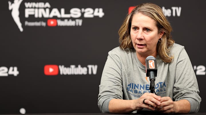 Oct 18, 2024; Minneapolis, Minnesota, USA; Minnesota Lynx head coach Cheryl Reeve talks to the media before game four of the 2024 WNBA Finals against the New York Liberty at Target Center. Mandatory Credit: Matt Krohn-Imagn Images Oct 18, 2024; Minneapolis, Minnesota, USA; Minnesota Lynx head coach Cheryl Reeve talks to the media before game four of the 2024 WNBA Finals against the New York Liberty at Target Center. Mandatory Credit: Matt Krohn-Imagn Images