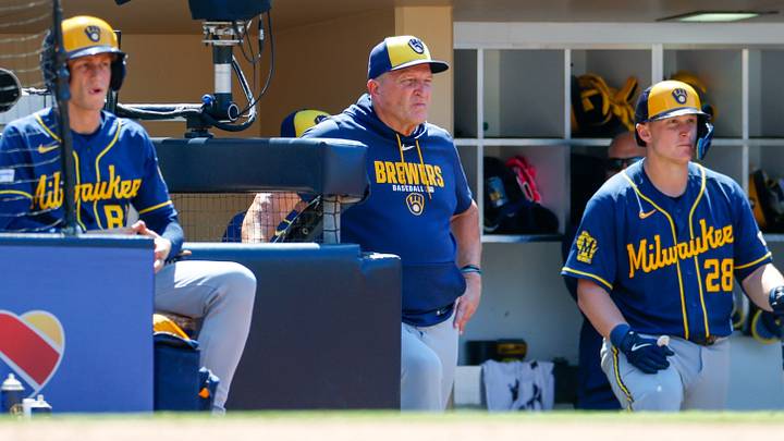Aug 12, 2026; San Diego, California, USA; Milwaukee Brewers manager Pat Murphy (00) watches play during the seventh inning against the San Diego Padres at Petco Park. Mandatory Credit: David Frerker-Imagn Images