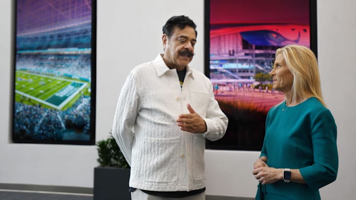 Jacksonville Mayor Donna Deegan and Jacksonville Jaguars owner Shad Khan talk as Deegan arrived at the Jaguars Miller Electric Center for a media event Wednesday morning. Jacksonville Jaguars owner Shad Khan, Jaguars president Mark Lamping, Jacksonville Mayor Donna Deegan and the city of Jacksonville's chief negotiator on the stadium deal Mike Weinstein met at the Jaguars Miller Electric Center Wednesday, June 26, 2024 to address the media and team personnel about the newly approved stadium