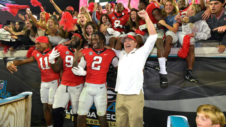 Georgia Bulldogs head coach Kirby Smart celebrates with his players and fans after their victory over Florida. The annual Georgia vs Florida football rivalry was held at TIAA Bank Field in Jacksonville, FL Saturday, October 29, 2022. The Bulldogs went in at halftime with a 28 to 3 lead over the Gators and won with a final score of 42 to 20. [Bob Self/Florida Times-Union]

Jki 102822 Bs Georgia Vs Florida Football Game 2nd Half 06