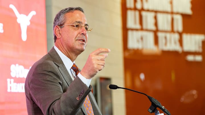 Athletic director Chris Del Conte speaks during a press conference as The University of Texas announces Sean Miller as their new men's basketball coach Tuesday, March 25, 2025.
