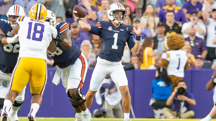 Quarterback Payton Thorne 1 throws a pass as the LSU Tigers take on the Auburn Tigers at Tiger Stadium in Baton Rouge, Louisiana, Saturday, Oct. 14, 2023.