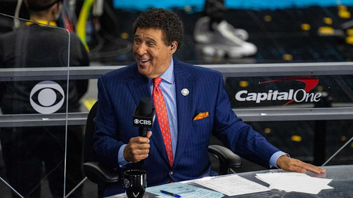 Longtime CBS announcer Gumbel prior to the national championship game in the Final Four of the 2021 NCAA Tournament. Longtime CBS announcer Gumbel prior to the national championship game in the Final Four of the 2021 NCAA Tournament.